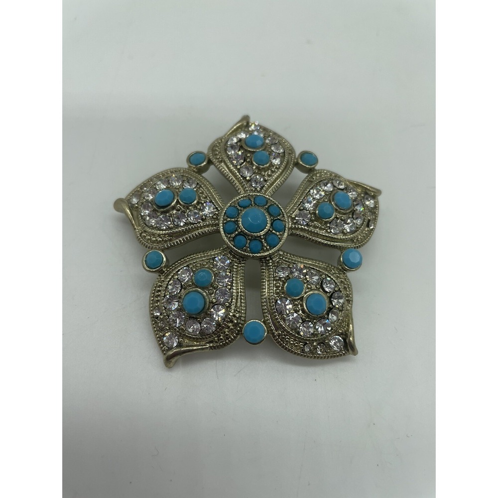 Vintage Monet Clear Blue Rhinestone Gold Tone Large Brooch Sparkle